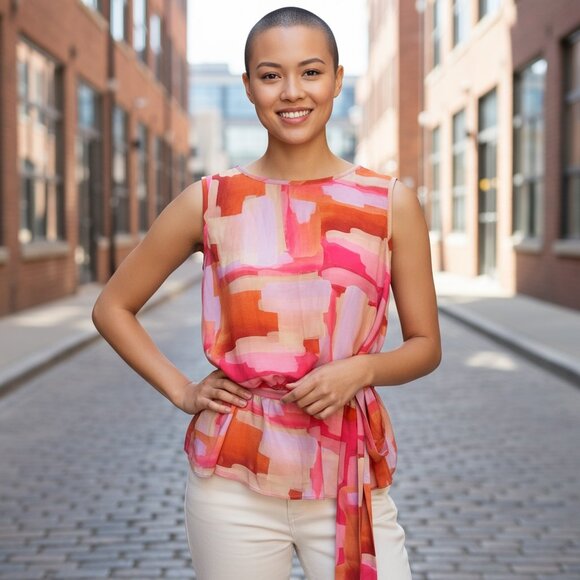 Melanie‎ Lyne Pink and Orange Sleeveless Tie Front Blouse Size 12 NWT - Picture 1 of 12